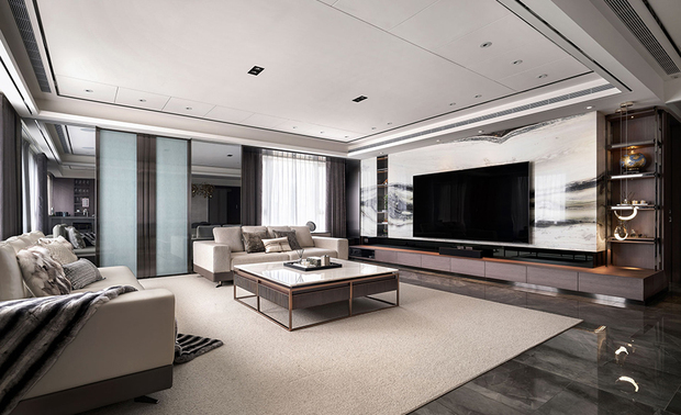 
客厅
Living Room

客厅延续高级优雅氛围，牆面以浅色为主，佐搭大面积落地窗，打造开阔明亮空间感，电视牆两侧嵌入深色陈列柜，兼具收纳展示功能，柜前垂坠半弧月形吊灯，圆润线条与整体风格相协调，中央摆放深色底部、白色桌面茶几，周围环绕灰白双色沙发，色调平衡，体现设计的一致性。

The living room exudes refined elegance, with light-toned walls complemented by expansive French windows, artfully bringing an open, airy feel. Dark display shelves flank the TV wall, combining storage and showcase functions, while suspended semi-circular pendant lights add graceful curves that harmonize with the room’s aesthetic and linear features. A coffee table with a dark base and white tabletop anchors the center, surrounded by a balanced arrangement of gray and white sofas, ensuring a pleasant cohesion in color and design continuity throughout the space.

