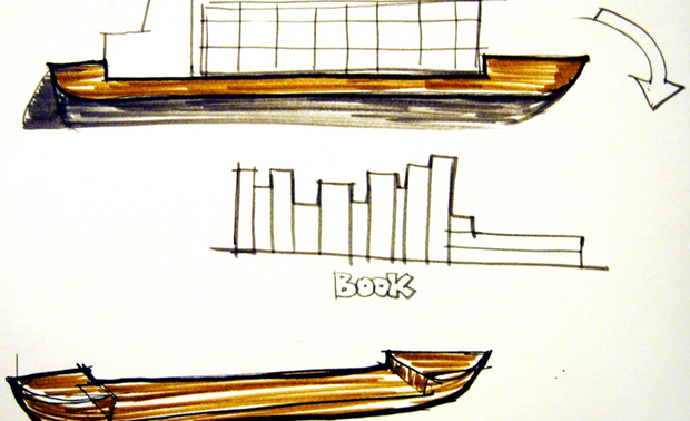 （图）作品《flow shelf》设计手稿，Adam Fu完稿。

纽约求学 绽放光彩

到了纽约，接触来自世界各地不同的人、事、物，不同的想法与无拘创造力，让George重新审视自我、重燃对设计的热忱，「我决定在这裡读研究所，所以先回台湾边工作、边准备作品集，卯起来唸书、申请奖学金，也是这时候才培养出做设计的兴趣。」George的声音透着些许激动；进入纽约室内设计学院（NYSID, New York School of Interior Design），他体会到这裡的教育方式跟台湾不太一样，「教授不会告诉我们要做什麽，而是学生主动提出想法，老师再配合指导；虽然都做设计，但大家想呈现的都不同。」学会如何独立思考，发展出与众不同之处，这是George在国外学到最宝贵的一课。

完成学业后，George选择留在纽约工作，也遇到将他推上人生第一次高峰的贵人，「我在一家设计公司担任经理，当时ICFF纽约设计会外展刚好办在我们公司，一位加拿大籍法裔的同事知道我私下有设计一些东西，就鼓励我试试看。」他拿出酝酿已久的小品之作《tie tea》茶桩杯应战，结果一战成名，受到国际设计圈瞩目，杂志採访邀约不断。

意料之外的成功，让George萌发创业的念头，在妻子的支持下，他创立品牌Le mouton noir & co，陆续推出《a date with wine》时计酒塞、《flow shelf》、《B.B.猪仔调味组》等日常小物。看似顺遂的一切，老实的George却向我们坦承：「赚到了名气，但无法兼顾麵包，可是年轻就是这样，天不怕、地不怕，不会考虑那麽多。」回首往事，他显得格外洒脱。
