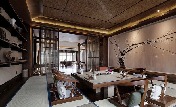 惠州中信汤泉茶馆会所

在他的设计中，更是将茶文化体现的淋漓尽致，如惠州中信汤泉茶馆会所的设计。
