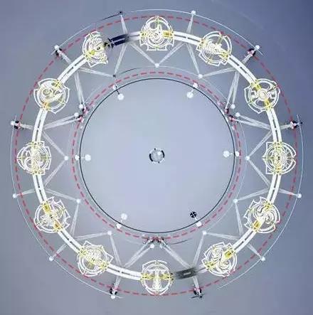 桌盘下方利用5毫米的钢板塑成剑与盾牌的设计,象征着放下骄傲或者成见的盾牌和剑。而交叉的剑又放射组成一个更强固的结构，俯视圆桌时，彷彿有十二天将，手牵手，心连心。
