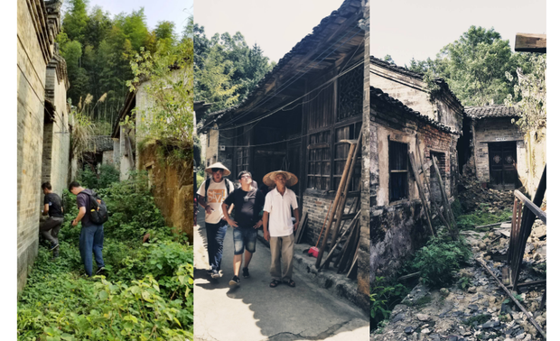 通往老宅的道路早已杂草丛生,虽然道路崎岖、沟壑跌宕,但面对着一座座历史的记忆,我们无法压抑内心的欢喜,路,就在脚下,我们为此愿意担当开路先锋
老龚叔,既是金家古村土生土长的村民,又是金家古村过去及未来发展的领头羊,他的陪伴、他的讲解、他的那份情怀深深的打动着我们。
狂风暴雨后的金家古村,一座座房屋随之失去了“生命” ,唏嘘过后我们必须行动起来保护这些历史的承载,赋予它新的历史使命