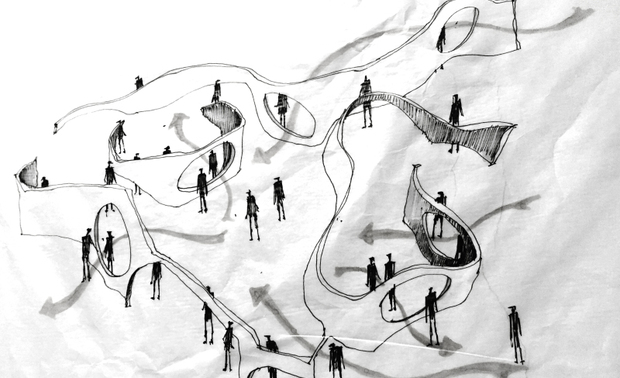 ▲“宋吧”概念手稿

蜿蜒的山墙，流动的水，泛泛的青光，项目中从抽象的符号去描述这些自然山水，用光影等创造出山水情趣的生活场所。
