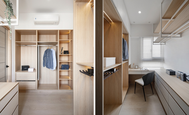 
主卧更衣室
Master Walk-in Closet

主卧更衣间以木质为基调，缀搭留白牆面和纯白铁件，彰显大量木纹的柔润暖意，内部置入开放式衣柜及收纳层架，提升业主拿取、整理衣物的效率，且于窗畔规划梳妆台，其台面延伸至旁侧矮柜，塑造整齐划一的观感。

Blank walls and metallic fixtures complement the light wood tone, and they signify the warm and soft texture of the wood grain. We installed open shelving and hanging rails to benefit the organization and reach easily. Besides, a built-in dressing table in front of the window with attached unified drawers reveals a neat look.

项目资讯

案名：润晴
项目类型：单层
项目地址：台湾台中
设计团队：棠禾设计
项目坪数：26坪
主要建材：铁件、水磨石、艺术涂料、超耐磨地板

曾智和
棠禾空间设计有限公司 设计总监
电话：+886-3-555-9792
地址：新竹县竹北市竹义街80号
信箱：tanghe.ds@gmail.com
网址：https://www.tanghedesign.com

OPEN Design动能开启传媒：https://www.openworld.tv/