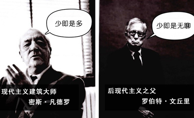密斯·凡·德·罗坚持“少就是多”的建筑设计哲学，他的设计作品中各个细部精简到不可精简的绝对境界，不少作品结构几乎完全暴露；而罗伯特·文丘里则反对密斯提出的“少就是多”，认为“少即是无聊”，“少就是光秃秃”。

