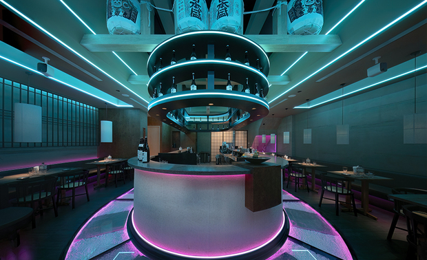 
吧台工作区
Bar Counter & Working Area
 
吧台以深色天然石材打造台面，搭配质朴的仿石皮立面，流露沉稳静谧之姿；入夜后，暖色灯光转为冷调霓虹，让和风意境瞬间化身未来街景，展现空间的双重风貌。正面处设置以铁鏽艺术涂料为底的端景台，展示流水观音，其下方构筑强化玻璃地景，铺陈晶莹剔透的白色鹅卵石与典雅岩板，在低位灯光的勾勒下，宛若一方袖珍日式枯山水庭园，与观音像的宁静相映，谱写空间的禅意优雅。

The bar counter is crafted from dark natural stone and encased in a textured faux-stone finish, emanating a sense of calm and grounded stability. As night descends, warm lighting shifts to cool neon hues, transforming the ambiance from Japanese tranquility to the vibrant allure of a futuristic streetscape. An accent stand, coated in a rust-effect artistic finish, showcases a serene Guanyin statue set against a tempered glass landscape adorned with glistening white pebbles and refined stone panels. Illuminated from below, this setting, reminiscent of a miniature dry landscape garden, mirrors the tranquility of the statue, merging Zen elegance with serene sophistication.
