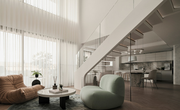 
本文由OPEN编辑部撰写

设计概念 Design Concept

以艺为名，绘成一幅幅柔和纯淨的家宅风景，视「通透」为核心，构筑光自在穿行的无压场域。面向山景的楼中楼内，清澈天光和绿意自大片玻璃窗漫入，畅游留白的每寸每隅，令宅内画面随时序更迭、光影流转，连篇呈现雅致的时尚艺境，烘衬一家四口的天伦场景。

纳入业主一家以用餐区为宅邸中心的生活习惯，丰聚设计 李羽芝、黄翊峰 设计总监 整理格局，重划一楼厨房旁隔间为较小的佣人房，将释出空间併入公领域再调整客、餐厅范围比例，打造宽敞舒适的餐厨区域，便于人们在此齐聚交流、加深情谊，另迁移楼梯至公区中央，搭配清透俐落的玻璃与铁件，打造独特的视觉焦点，此外，本案皆採用低甲醛的建材、漆料，给予居者舒适无毒的乐土。

Each room, created under the banner of artistry, is a canvas depicting gentle and pristine residential landscapes. With transparency at its core philosophy, this design constructs an open layout where light flows freely without constraint. Inside the split-level home facing the glorious scenery of mountains, the clear daylight and verdant surroundings pour in through large glass surfaces. This setting allows one to leisurely explore every nook and corner of the house, transforming the interior as time passes and light dances, consistently presenting an elegant and stylish artistic ambiance that sets the stage for precious family reunion moments.

Fertility Design's design director Sylvia Lee, executive director Lucas Huang carefully reconfigure the layout and incorporate the homeowner's family tradition of making the dining area the centerpiece of their home life. Strategically re-plan the maid's room adjacent to the kitchen on the first floor, then adjust the scales of the living and dining areas, ideally expanding the common area to create an inviting dining environment with airy flows. Here, people can come together to connect and strengthen their bonds. Additionally, we relocated the staircase to the center of the public area, accentuated with clear glass and metal elements, strikingly crafting a unique visual focal point of the project. Moreover, we use low-formaldehyde materials and paints throughout the house to provide residents with a comfortable and non-toxic sanctuary.

设计手法 Design Techniques

淨雅柔弧 现代时尚
Stylish Design, Elegant Curves

本案透过壁面石材、金属和艺术涂料，携手通透感十足的玻璃与铁件，共酿层次丰富的现代风范，辅以足下温润的木质地坪、天壁及转角的圆弧要素，点缀柔和韵味，而屋内各处的隐藏门片，则运用与周遭相同色调或材质，保持洁淨俐落的画面。

In this project, we collaborate with stone cladding, metallic elements, and artistic wall coating to create a modern style rich in transparency. The use of glass and iron works brilliantly adds depth to the design. We complement this with balmy wooden flooring, ceiling, and curved elements in the corners, resulting in an elegant and pleasant appeal. Throughout the house, concealed doors are designed with matching colors or materials to maintain a clean and sleek visual appearance.

敞亮宅邸 巧赋收纳
Spacious Home, Clever Storage Design

思及业主对收纳的需求，本案将一楼原始楼梯位置及佣人房部分释出空间改为储藏室，结合多处壁面嵌入的开放柜，赋予充裕的储纳机能，并规划开放式公领域，方便居者招待亲朋好友之馀，带来辽阔的视觉感受。

In order to fulfill the homeowner's storage needs, we relocated the original place of the staircase on the first floor and part of the maid's room into storage space. And skillfully incorporate various open shelves that are embedded in the wall to provide ample storage functionality. The design also includes an open-plan shared area, making it easy for residents to entertain friends and family while enjoying an unimpeded visual feeling.

悬浮楼梯 匠心焦点
Master Focal Point, A suspended Staircase

突破传统楼梯格局，本案将其大方呈现在公领域，藉由悬浮设计、线灯及分别由强化玻璃、铁件构成的扶手，打造轻盈灵动的视觉重点，维持家宅内视野通透也无形区隔客、餐厅，另考量发生碰撞意外的可能，所有清玻皆贴有防爆膜，提升受到冲击时的安全性。

In this project, we boldly install the staircase at the centerpiece of the communal spaces, breaking away from traditional layouts. With suspended design, linear lighting, and handrails crafted from tempered glass and metal, it creates a visually striking and ethereal focal point. This design maintains an open view within the residence while subtly separating the living and dining areas. Safety is a top priority, and to mitigate potential accidents, all glass surfaces are equipped with shatterproof window film to enhance impact resistance.
