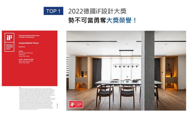 世界四大设计奖之一的德国 iF 设计大奖（iF DESIGN AWARD），自1954 年创办至今已拥有超过60 年的悠久历史，在国际间具有指标性及前瞻性。乔治黑羊设计 李家齐 设计师，于设计住宅作品《透・景》 时，以「创造空间对话」为理念，活络家宅的自在样貌与弹性机能，其中对美学与质感的高度追求，获得2022德国iF设计大赛评审们的大力推崇，最终拿下「iF设计大奖」！
