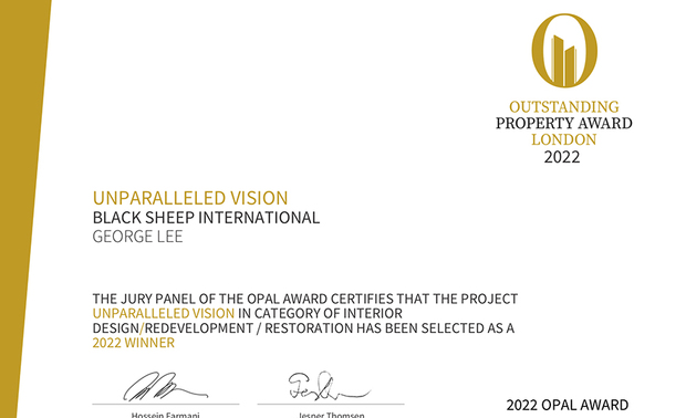 
本文由OPEN编辑部撰写

OUTSTANDING PROPERTY AWARD LONDON,OPAL（英国伦敦杰出地产大奖）由全球知名企业集团Farmani Group组织，并以招揽全球最佳建筑师、室内设计师与房地产开发商为目标，在创造异业菁英联合平台的同时，找寻各地最富创造力、革新感、社会影响力与永续性的设计方案。参与者有机会替自己最新颖的企划，博得国际能见度，并且和产业的先驱及专业人士进行交流。

乔治黑羊设计 李家齐 设计师 于家宅作品《透・景》中，透过深沉稳重的黑与温润质朴的木质，形塑细腻质感，并回应业主对开放场域的期盼，摒除室内隔间，巧划宽敞舒适的大气格局，获得2022 OPAL伦敦杰出地产大奖「Winner」奖项，续写品牌荣耀！
