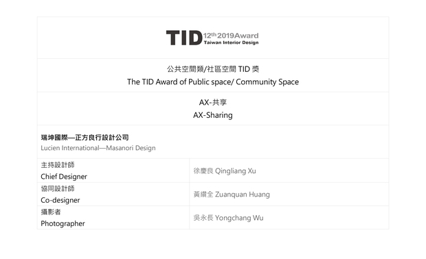 TID AWARD
赛事介绍
关于 TID Award
在大中华地区为室内设计专业进步的重要竞赛平台





凝聚了当代台湾设计菁英的设计创意思维之外，

更成为观察大中华地区室内设计发展的最重要平台，

记录与观察来自两岸各地设计作品，

所呈现的各式各样当代「生活空间」的面貌，

更是作为研究当代华人生活形式与区域文化的重要场域。





台湾室内设计大奖(Taiwan Interior Design Award, 简称 TID Award)，

自 2007 TID Award 从台湾扩展至涵盖亚太所有区域及两岸四地新秀、老将的同台较劲，

展开竞技大道，已成为华人地区室内设计专业最高的专业成就奖。

参赛作品不限国籍全球各地对空间创意设计有想法、

重视室内设计对社会有责任的设计者参与。

网址：https://www.tidaward.org.tw