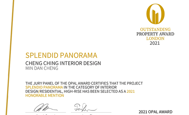 本文由OPEN编辑部撰写

OUTSTANDING PROPERTY AWARD LONDON,OPAL（英国伦敦杰出地产大奖）由全球知名企业集团Farmani Group组织，并以招揽全球最佳建筑师、室内设计师与房地产开发商为目标，在创造异业菁英联合平台的同时，找寻各地最富创造力、革新感、社会影响力与永续性的设计方案。参与者有机会替自己最新颖的企划，博得国际能见度，并且和产业的先驱及专业人士进行交流。

澄境设计 郑抿丹 于作品《雅蓝醇调》中，搭配鲜豔色彩及艺文佈置，呈现多元混搭风情，以典雅欧式的咖啡厅，另一作《璀璨絮语》，以大理石、水晶灯饰，衬托空间的精緻高雅，而暖橘的活泼调性，对应低调的紫藕配色，藉此打造纹理、彩度丰富的宅邸，一举夺下2021 OPAL Award Winner大奖与Honorable Mention荣誉，让品牌耀眼国际！
