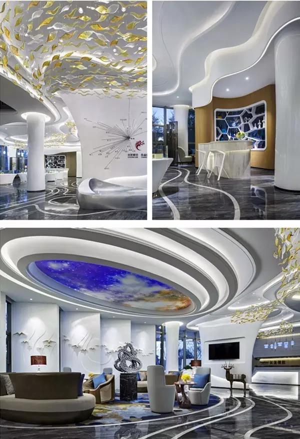 图为： «飞行梦·梦初 »-杭州•长龙领航营销中心

如天空之城般的空间流动，给人时空穿越的幻象。龙动云涌的空中脉络既意味着长龙航空的创新航脉，也是杭脉。
   
