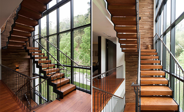 
楼梯
The staircase and the stairwell

楼梯两侧使用钢构做主要结构支撑，踏阶以实木包覆，与后方肌理显着的回收木造型牆面相映成趣，自一楼平面贯串到三楼屋顶的梯间，搭配玻璃帷幕，以自然天光打亮，产生轻盈明亮的穿透感；此外，梯间亦具透气天井效用，除呼应整体视觉延展效果，更带天然通风之环保效用。

Exploit steel works as the main structural supports on both sides of the staircases, and clad the steps with solid wood veneers, which complement the remarkable texture of the reclaimed wood feature wall at the rear. The stairwell is constructed of the glass curtain wall that way up to the roof, which introduces the natural light, as well to create the bright and the see-through perception. In addition, it also plays a role as an airy skylight, not only brings out the extending visual sensation; but also creates the natural ventilation of the environmental protection effect.
