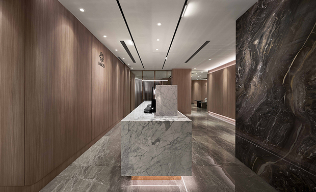 
主题牆、接待柜台
Feature Wall & Reception Counter

入门处廊道设计木质天壁，随着视线逐渐深入场域，上方划去一道俐落素雅白光，天花板转为简洁白调的同时，身侧也悄然被木纹石材等天然元素环绕，让每位来访者浸身温润无压的自然气息间。

The designer adopted a wood tone to set up the entrance hallway and installed a bright linear light from the wall to the clean white ceiling. The surrounding natural timber and stone finishes allow visitors to immerse themselves in the warm and stress-free vibe.
