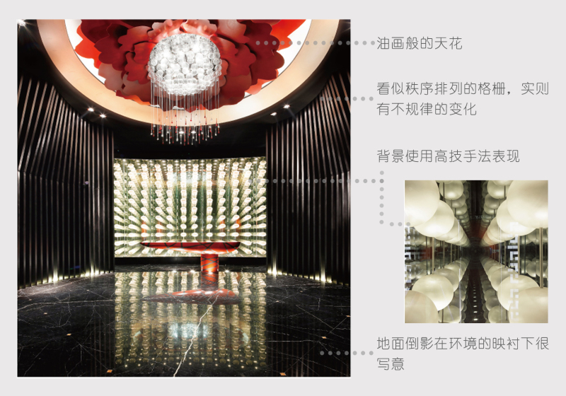 图为东方帝国多功能会馆

顶部油画般的天花是西方的，而格栅往往用于东方，墙面是看似规则，实则富有律动感的排列格栅，让它产生光影的变化。正面背景用现代高技法呈现出绚丽的效果。

大家觉得这是什么风格？它就是张清平老师独创的“心奢华——蒙太奇”美学风格。是没有风格的风格，没有标签的标签。不仅满足了实用功能，我们在这样的环境中还能感受到情感与美。

