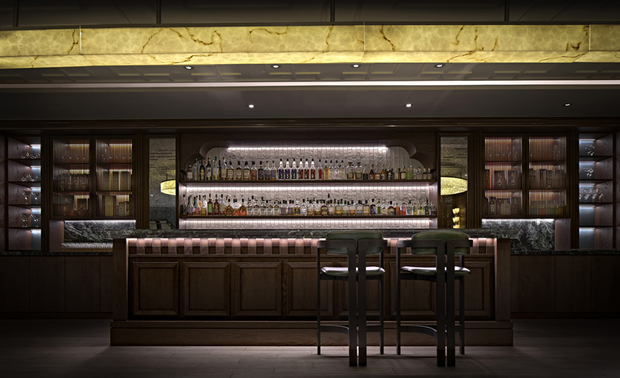  
开放用餐区
Seating Area

用餐区选配古典绒布沙发及质朴藤编单椅，佐以包覆木皮的圆柱，共组东西相融的溷搭调性，并以天壁环形灯具围塑此异文化交汇的空间，加之吧檯区復古格栅及彷古镜面，筑出上海夜生活中各方雅士交杯畅谈的灿烂意象。

The seating area presents a sophisticated fusion of classic velvet sofas and rustic rattan chairs, all anchored by wooden-clad columns that effortlessly blend Eastern and Western aesthetics. A circular ceiling light fixture gracefully illuminates the space, accentuating the convergence of diverse cultural elements. In the bar area, vintage grille doors and antique mirrors further evoke the vibrant allure of Shanghai’s historic nightlife, where intellectuals once gathered to socialize and exchange ideas.
