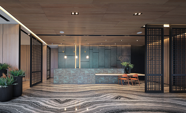 本文由OPEN编辑部撰写

设计概念 Design Concept

足下墨白交织的华美石纹，既似流水潺潺，又如云彩翻舞，眼前屹立的青绿色岩壁，则彷若绵延的坚实山峰；步入这座山水环抱的雅緻境地，欣赏绿植、艺品的优美姿态，自然气息与人文风韵油然而生。

实创设计 赖姿伊 设计总监 规划包裹木质的宽广天壁，温和地迎接宾客们携手家人到访，一同沐浴于格栅筛洗过后的唯美光影中，畅想未来的家庭生活愿景，与此同时，也可慢享一杯好茶，共度禅风十足的静好时光。

An intricate black-white marble pattern exquisitely lies beneath the feet, interwoven like the gentle flow of a babbling stream and the graceful dance of billowing clouds. The imposing verdant green walls stand beside, rising like a steadfast mountain range that stretches endlessly into the horizon. As one enters this picturesque haven nestled amidst rolling hills and flowing waters, be prepared to marvel at the graceful postures of lush foliage and artistic wonders. A seamless blend of natural beauty and cultural charm permeates the ambiance, leaving an indelible impression on all who bask in its gloriousness.

Joy Lai Design's design director Lai Chih Yi planned the broad ceiling, enveloped by wood veneers, gently welcomes the guests and their families to immerse themselves in the ethereal light and shadow that filters through the refined grid partition, all while indulging in the boundless possibilities of their future domestic life. Or they can relish in a delightful cup of tea while sharing a moment of serene tranquility steeped in the essence of Zen.

设计手法 Design Techniques

木质光影 禅意十足
Zen-like ambiance with the play of light and shadow

此案为建案接待中心，天花板与壁面皆陈贴浅色木皮，配上间接灯光溢散柔美氛围，其间设置多座喷漆木格栅，如同古典窗櫺引渡光影进驻，照耀绿意植栽及人形艺品，让人与自然合而为一，形塑幽静的现代禅风，对比室外的城市喧嚣，给予洽谈宾客归家般的沉静心情。

The building is an exquisite sales center, where light-toned wooden veneers adorn the ceiling and walls, delicately diffusing the ambient lighting to create a warm and pleasant atmosphere. We cleverly install multiple lacquered wooden grid partitions within, resembling classical muntins that introduce the interwoven light and shadow to gleam through, illuminating the lush greenery and lobby figurines that co-exist in harmony with nature and resulting in a serene and contemporary Zen situation. Contrasting to the hustle and bustle of the city, the center aims to provide a calming ambiance akin to the feeling of returning home for the guests.

碧山流水 灯光错落
Warm lighting scatters on the glorious scenery

接待大厅的地坪选用古木纹大理石，其犹如水墨晕染的特殊纹理，佐搭上方错落的嵌灯照明，彷拟滔滔流水的动态景观；入门即见的柜檯与后方牆面，则选用带有绿色石纹的美耐板，打造青山巍峨的形貌，又兼顾后续保养便利性。

The reception area features stunning flooring made of ancient wood grain marble, with its unique patterns as the flow of ink smudge. Pair with the intermingled recessed downlight overhead, creating a mesmerizing and tranquil visual landscape of flowing water. Upon entering, guests will greet by a reception desk and wall panels made of high-pressure laminates, which feature a distinctive green stone pattern that evokes the grandeur of majestic mountains. This design ingeniously achieves an impressive aesthetic and ensures ease of maintenance for future upkeep.

品茗畅谈 家庭同乐
Enjoying family time together with a cup of tea

延续禅风主题与山水诗意，柜檯增设一座木质桌面作为泡茶区，融入茶道精神，让宾客能在此品茗休憩；为了接待人数较多的家庭，洽谈区分设于空间两侧，既包含隐密的包厢区，亦有开放式场域，方便自由运用，并藉由格栅屏风的穿透视野，随时看顾身处不同区域的长辈与孩童。

Continuing the Zen-inspired theme and the poetic essence of landscapes, we artfully add a wooden tabletop to the reception desk as a dedicated tea-savoring area, reflecting the spirit of the tea ceremony and providing a peaceful space for guests to indulge in their tea and relaxation. In order to accommodate larger groups and families, the meeting area is divided into two sections, offering both private and open spaces for flexible use. The grid partitions serve as a see-through boundary, allowing caregivers to keep an eye on elderly relatives or young children in different areas, while still maintaining a sense of connectivity.
