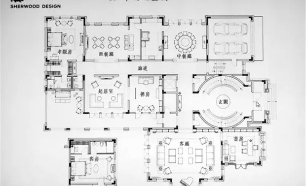 ▲图为：【深圳银湖别墅】 一层平面配置图

上百间房间的设计，将古典与现代、科技与人文、东方与西方、艺术与商业....这些相冲突的元素在这里得到了互补与融合，风采各异。
