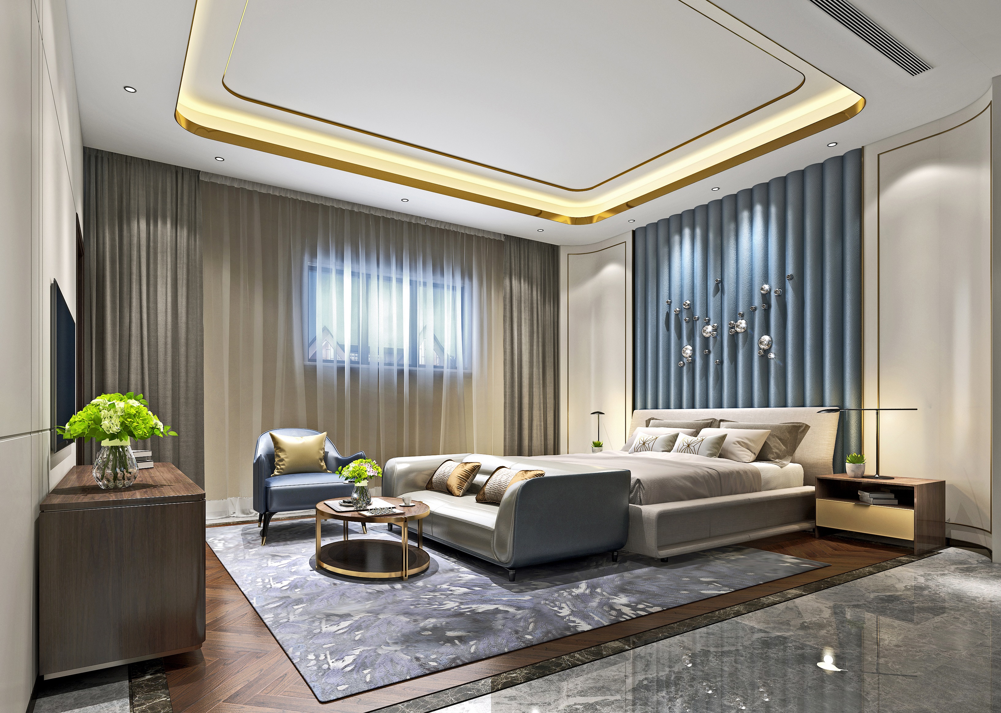 主卧是儿子的婚房，希望大气，简约、空间感十足！
Advocate lie is the marriage room of the son, hope atmosphere, contracted, dimensional feeling is full!