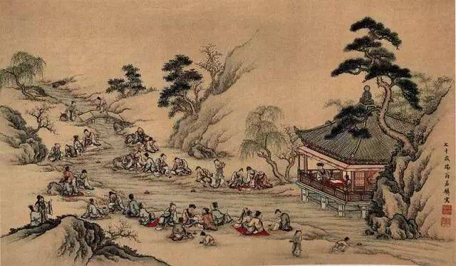 曲水流觞，流觞曲水出自王羲之的《兰亭集序》：”此地有崇山峻岭，茂林修竹，又有清流激湍，映带左右，引以为流觞曲水，列坐其次，虽无丝竹管弦之盛，一觞一咏，亦足以畅叙幽情。”
所谓“流觞曲水”，是选择一风雅静僻所在，文人墨客按秩序安坐于潺潺流波之曲水边，一人置盛满酒的杯子于上流使其顺流而下，酒杯止于某人面前即取而饮之，再乘微醉或啸呤或援翰，作出诗来。
