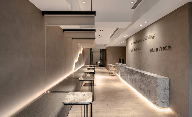 
接待柜檯、候诊区
Reception Counter & Waiting Area

延续入门处镘抹的特殊涂料，候诊区的灰色基底营造宛如原始建物的水泥质感，搭辅牆面与地坪的木质纹理、柜檯和等待区茶几的灰白大理石，围塑满盈自然气息的舒缓氛围。

The waiting area presents an unfinished texture in a grayish plaster tone via the same decorative paint as the entrance. In addition, the wood-textured walls and floors and the slate reception counter and coffee tables reveal a cozy and natural atmosphere.

