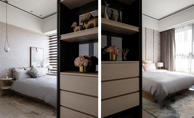 次卧
The secondary bedroom
 
两间次卧的软装佈置与氛围营造，皆延续整体的典雅质感，然而衣柜设计却独树一帜，採用简单的分割线与斜取手，勾勒出乾淨简约的形态，并将进门一侧做成展示柜，藉由柜体的内凹空间，与柜内的镜面映像，减缓顶天立面的压迫感，让「美」以更舒缓、自在的风貌，妆点私人领域，带来充分的疗癒放鬆。
   
The furnishing layouts of the two secondary bedrooms proceed with the elegant theme of the overall space. On the other hand, the wardrobes finish with the unique simple linear feature and recessed handle to outline the clear and reduced design. Fix up a display cabinet on the sidewall, and through the inner ledge feature and the inlaid mirrors to alleviate the stress caused by the ceiling. The performances of "aesthetics" adorn the private field with a more soothing and loving manifestation.

项目资讯

案名：舞花绽艺
项目类型：实品屋
设计团队：简兆芝室内设计
项目坪数：40.5坪
主要建材：木皮、大理石、金属美耐板、喷漆、茶镜、壁布	

简兆芝
简兆芝室内装修设计有限公司　主持设计师(建筑师)
电话：+886-2-2500-0653
地址：台北市中山区民生东路三段17号2楼
网址：http://inkdesignspace.com/

OPEN Design 动能开启传媒：http://www.openworld.tv/talk/