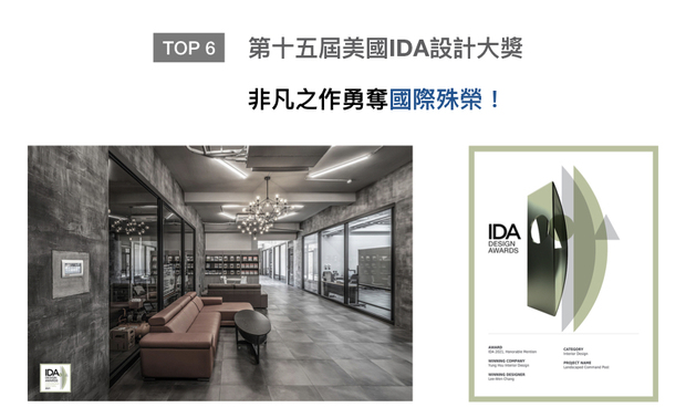 美国IDA 国际设计大奖（International Design Awards），以创新性、实用性和发展性等多种面向为评选标准，发觉各方面的新兴人才。咏絮室内设计于作品《蓦色香沉》中，藉造型铁件搭配稳重的木质与红砖牆，勾勒俐落精简的现代格调，别具个性的工业风格，获得「Honorable Mention」荣誉！
