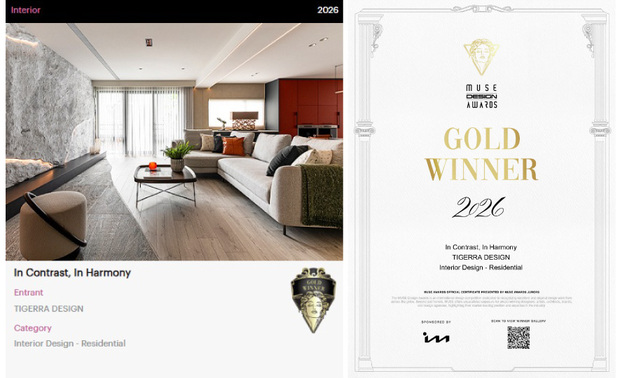 本文由OPEN编辑部撰写

美国MUSE Design Awards致力于发掘全球设计缪思，涵盖建筑、室内、时尚等领域。2026年共吸引来自124国、超过十万件作品参赛，由200多位专业评审严格遴选，为国际设计界的重要指标。虎宙设计 设计总监 梁诗敏 深入探究屋主二人的喜好特质，藉由双客厅的格局设计，规划一处飘蕴朴实禅意、一处鲜明吸睛的迥异公领域，分别回应男女主人对沉心自然、创新艺术的品味追求，同时于机能层面满足各自的商业会谈与社交茶叙需求；复合型住宅《岩境‧橙曦》不仅贴合居者们的生活习惯，亦对应本赛事讲究的「创意巧思及创作深度」核心，顺利斩获「金奖」出色佳绩！
