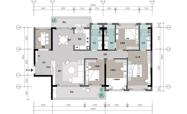 平面图

样板间面积为155㎡，是GDD深思设计的新作品。设计师分析目标客户群体，配合销售，强调感观效果与实用性相结合，捕捉到了空间的亮点，重点是对空间中个性化的表现进行设计，运用东方主义美学，打造雅致大气的新中式风格样板间。