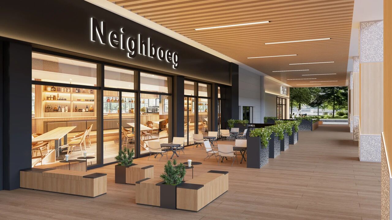 首层外摆商业街不仅丰富了商业形态，商业氛围浓厚而不失雅致，为居民提供了一站式的生活体验