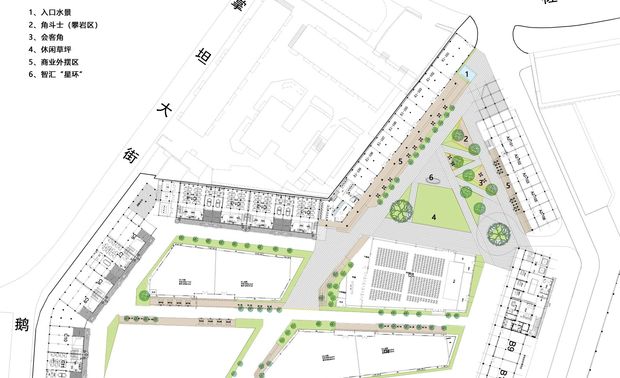▲总平面图

由于场地建筑围合形成三角地块，景观顺应建筑布局，三角元素融入景观构图中。场地中心为艺术景观雕塑--星环，由此装置向周边延伸，分别为商铺休闲平台、露营草坪、三角休闲看台。