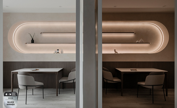 ▲洽谈区色调延续外部灰白与浅木色的设计语彙，并于牆面展示架置入俐落线框，弧形灯带交织大面窗引入的明亮日光，形塑清新愉悦之感；随着时间推移，室内渐趋昏暗，仅用灯光营造意境层叠，诠释极简美学，低调中展露品味底蕴，成为同客户畅谈的绝佳场域。

陈楚扉
擎森设计 主持设计师
电话：02-22123664
地址：新北市新店区安兴路125-9号9楼
信箱：foreason6@gmail.com

OPEN Design 动能开启传媒：https://www.openworld.tv/