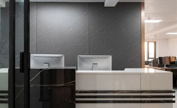 区别于传统办公区的印象，整个空间绿色与白色的彩搭配给人以轻奢高端的感觉。